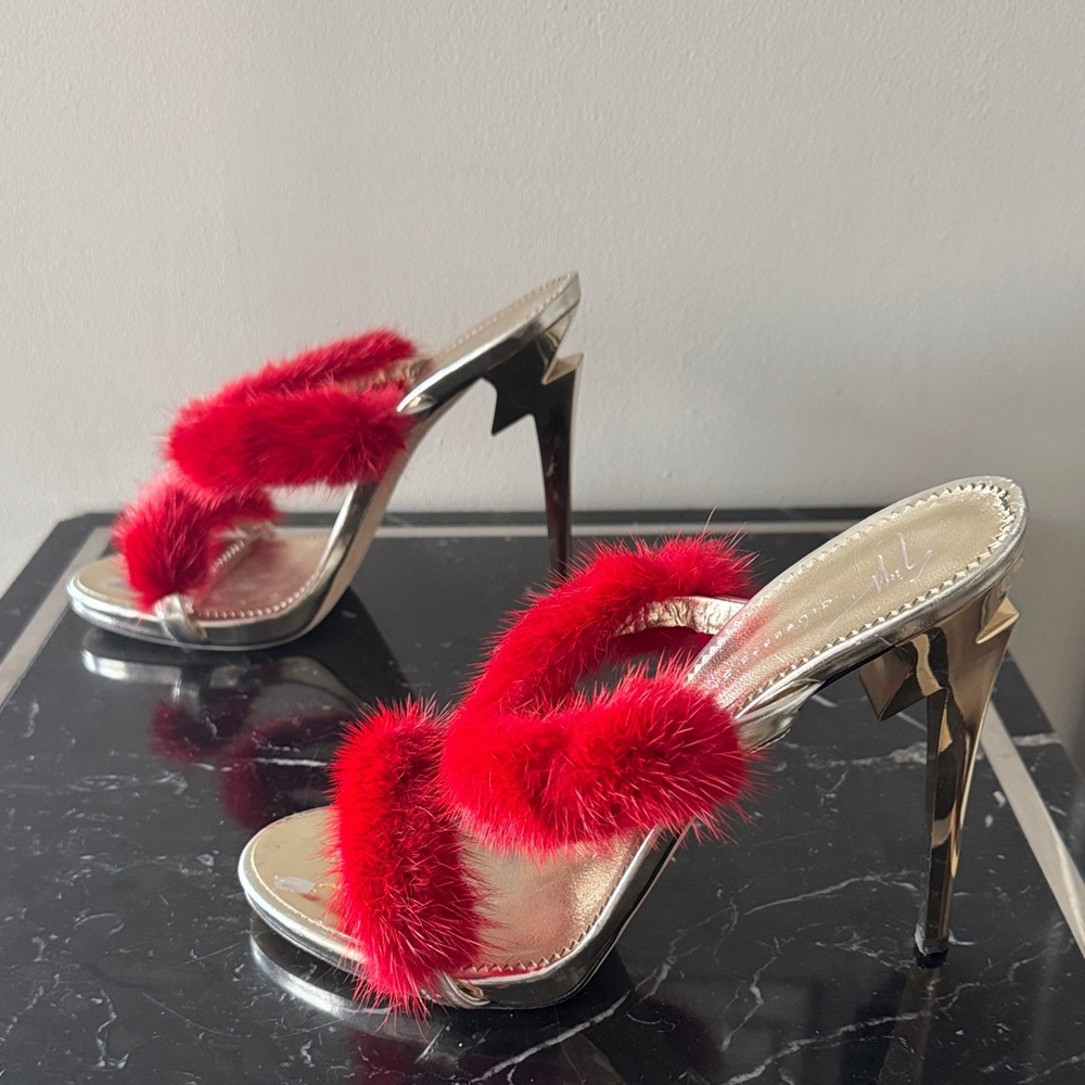 Giuseppe Zanotti Rare Red Fur Mink Heels with Silver Accents 38.5